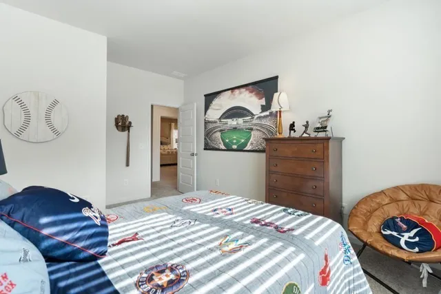 a bedroom with a bed and dresser