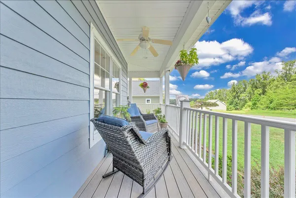 a view of a house with a big yard potted plants and large tree