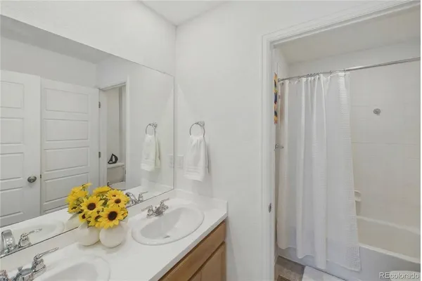a bathroom with a sink vanity and a mirror