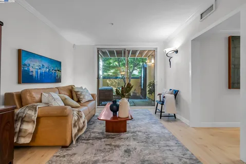 a dining room with furniture potted plants and wooden floor