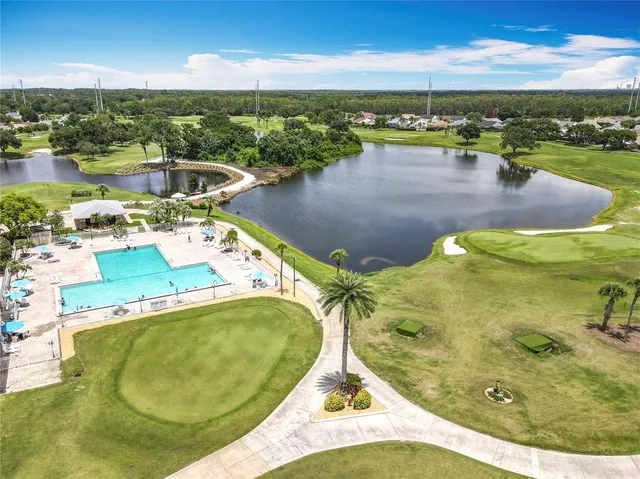 an aerial view of residential houses with outdoor space and river