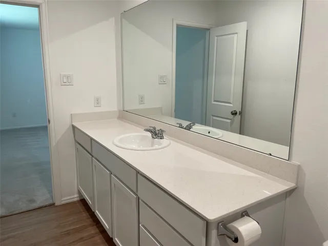 a bathroom with a sink vanity and mirror