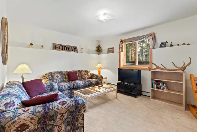 a living room with furniture and a lamp