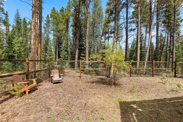 a view of two chairs and table in the backyard