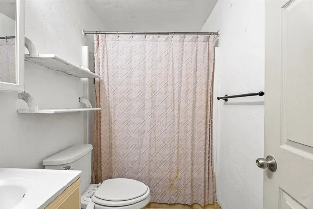 a white toilet sitting next to a shower curtain