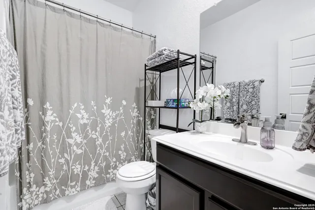 a bathroom with a sink a toilet and shower curtain