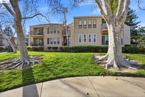 a view of a white house with a big yard and potted plants