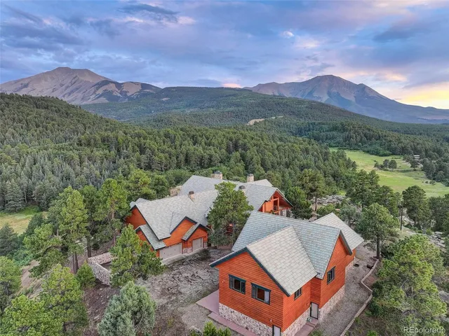 an aerial view of a house with a mountain