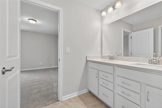 a bathroom with a double vanity sink a mirror and a shower