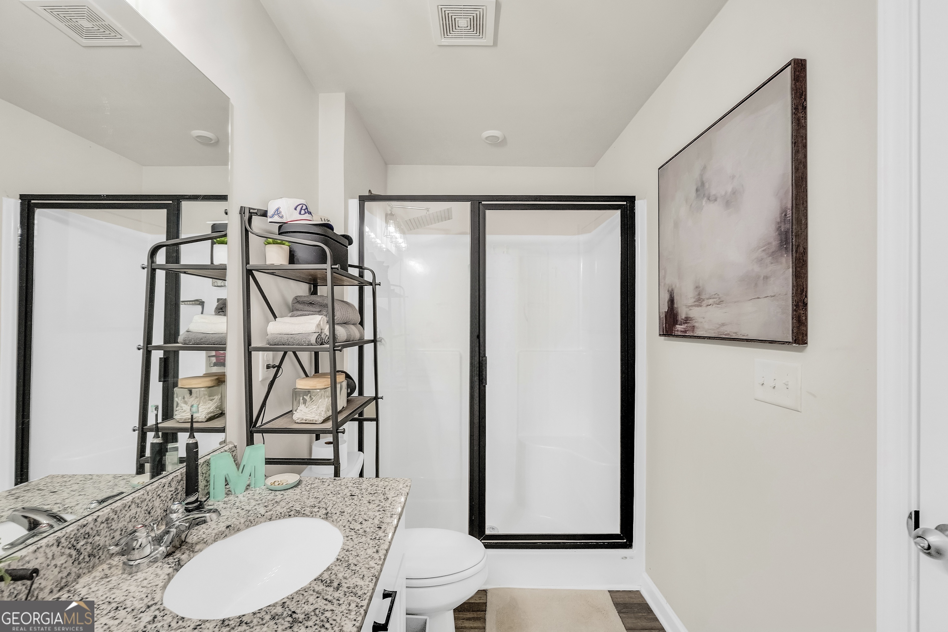 135 Catalpa Road Milner, GA 30257 - Photo 21 of 29 a bathroom with a granite countertop sink a toilet and mirror