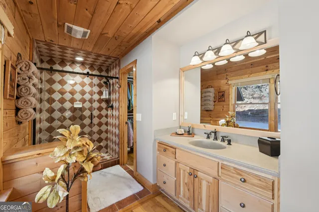 a bathroom with a sink a mirror and a shower