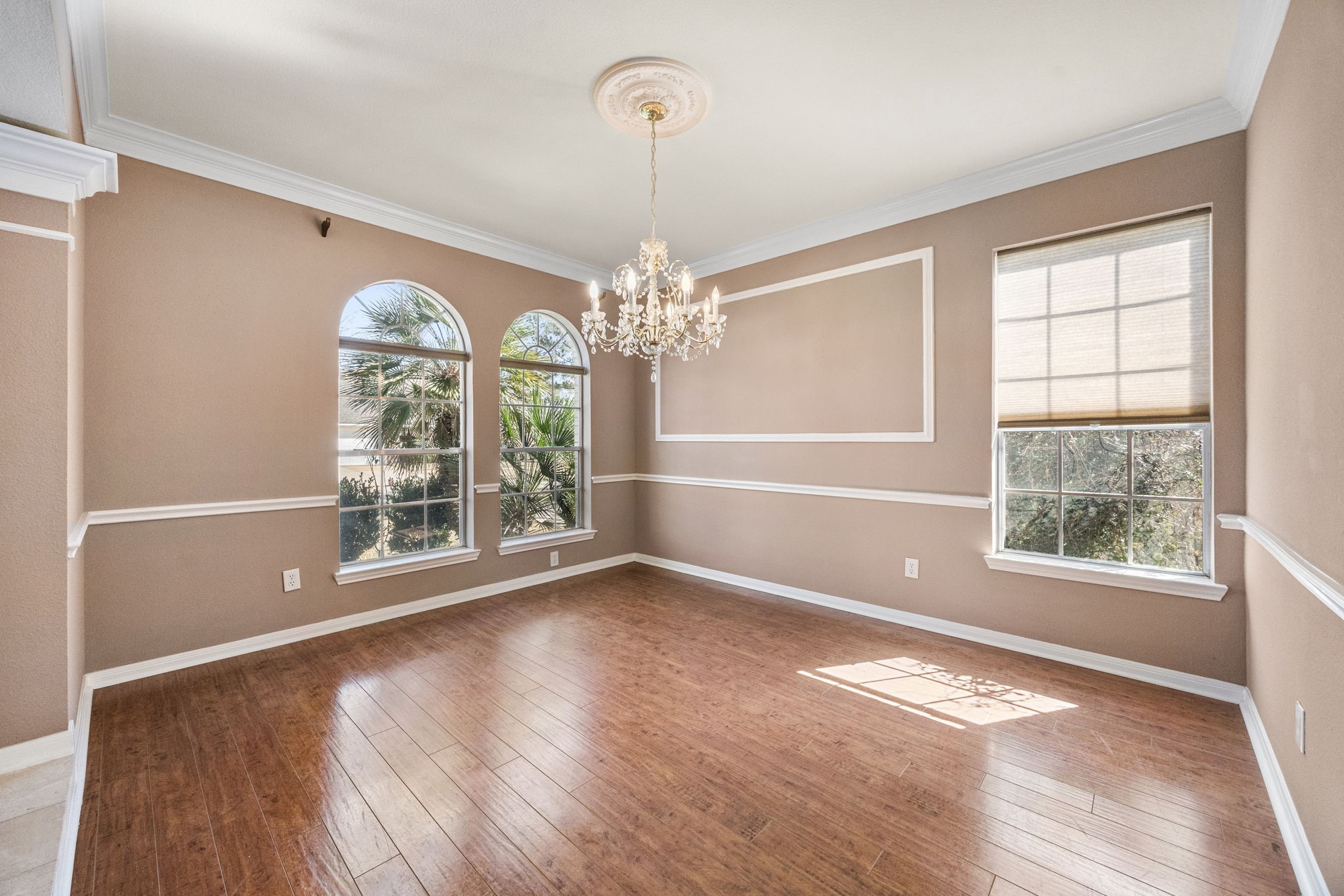 20407 Spring Rose Drive Katy, TX 77450 - Photo 7 of 33 The formal dining room features beautiful wood laminate flooring and is filled with natural light streaming through the gorgeous arched windows. This elegant space offers the perfect setting for family meals or entertaining guests.