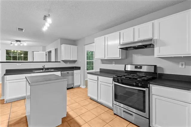 a kitchen with stainless steel appliances granite countertop a stove a sink dishwasher and a refrigerator