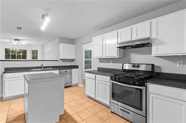 a kitchen with stainless steel appliances granite countertop a stove a sink and white cabinets