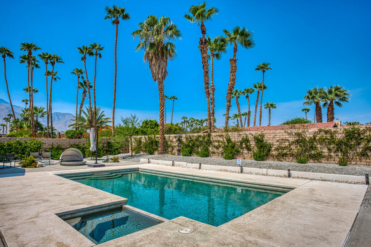 2450 Tamarisk Road Palm Springs, CA 92262 - Photo 30 of 41 a view of a swimming pool with a lawn chairs under palm trees