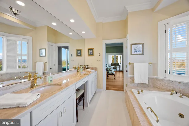 a bathroom with a tub a sink and a large window