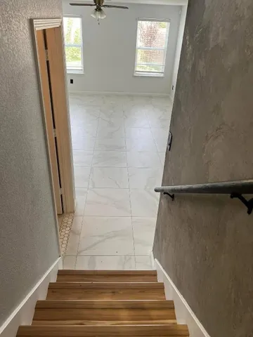 a view of a staircase in a bathroom