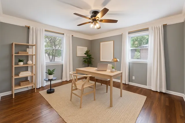 a workspace with wooden floor