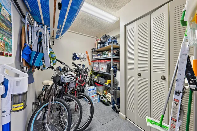 a view of a storage room with furniture