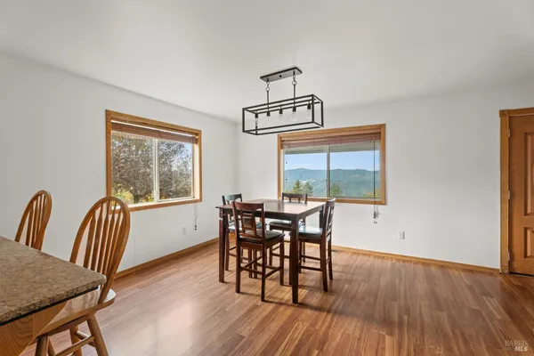 a view of a dining room with furniture window and wooden floor