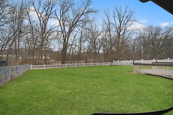 a view of a yard with large trees