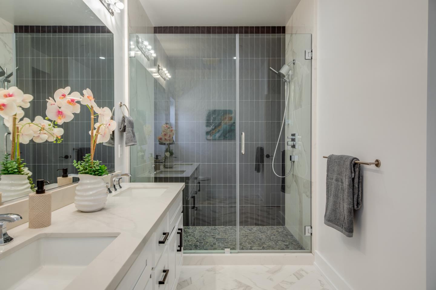 846 Portola Road Portola Valley, CA 94028 - Photo 30 of 80 a bathroom with a granite countertop shower a sink and a mirror
