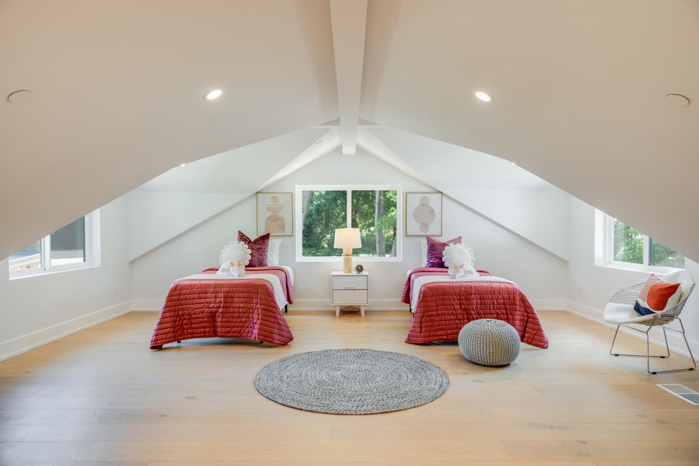 846 Portola Road Portola Valley, CA 94028 - Photo 60 of 80 a spacious bedroom with two beds and a chandelier