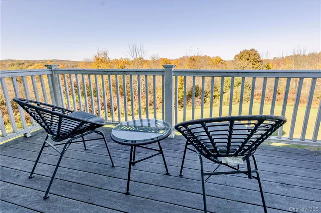 a view of balcony with furniture and wooden floor