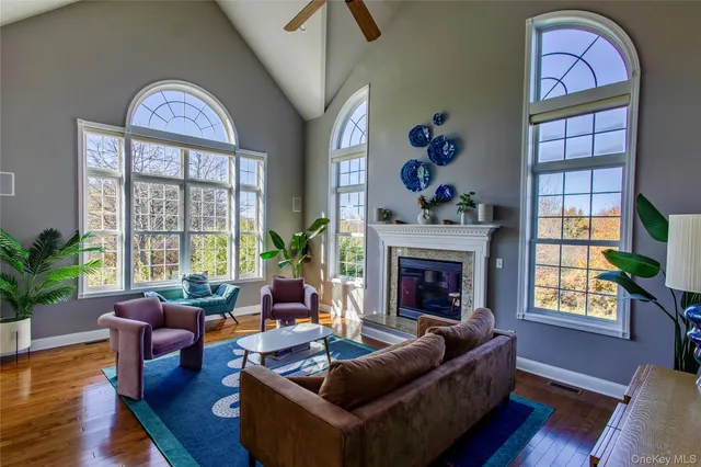 a living room with furniture a fireplace and a floor to ceiling window
