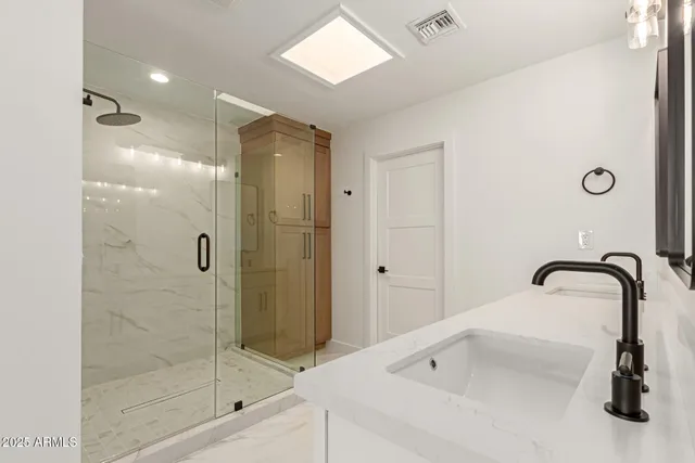 a bathroom with a shower and a sink