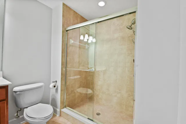 a bathroom with a shower and a toilet