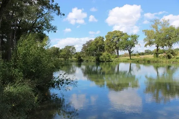 a view of a lake with a yard and trees