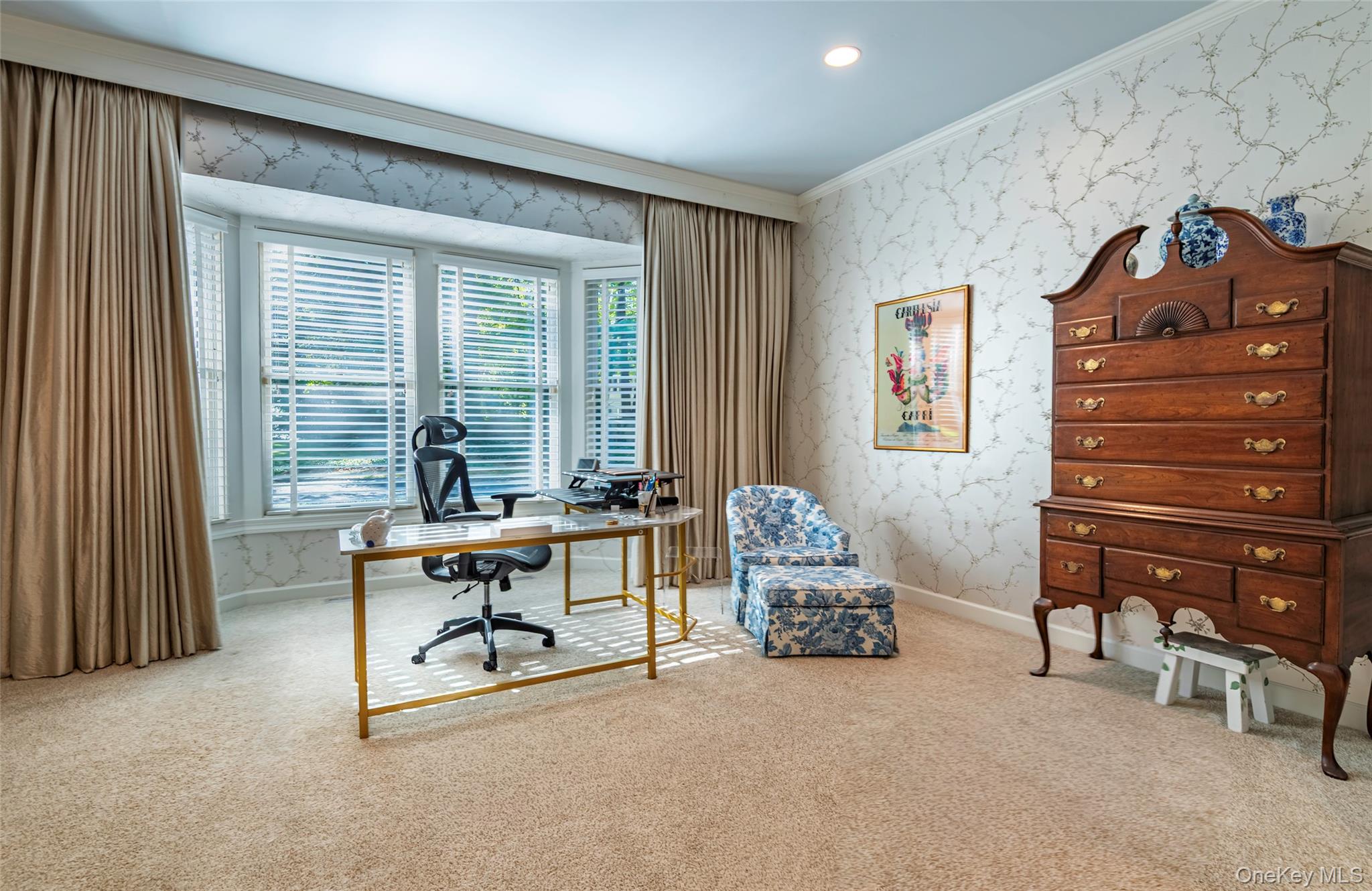 735 Remsens Lane Upper Brookville, NY 11771 - Photo 20 of 44 Office featuring wallpapered walls, crown molding, carpet floors, and recessed lighting