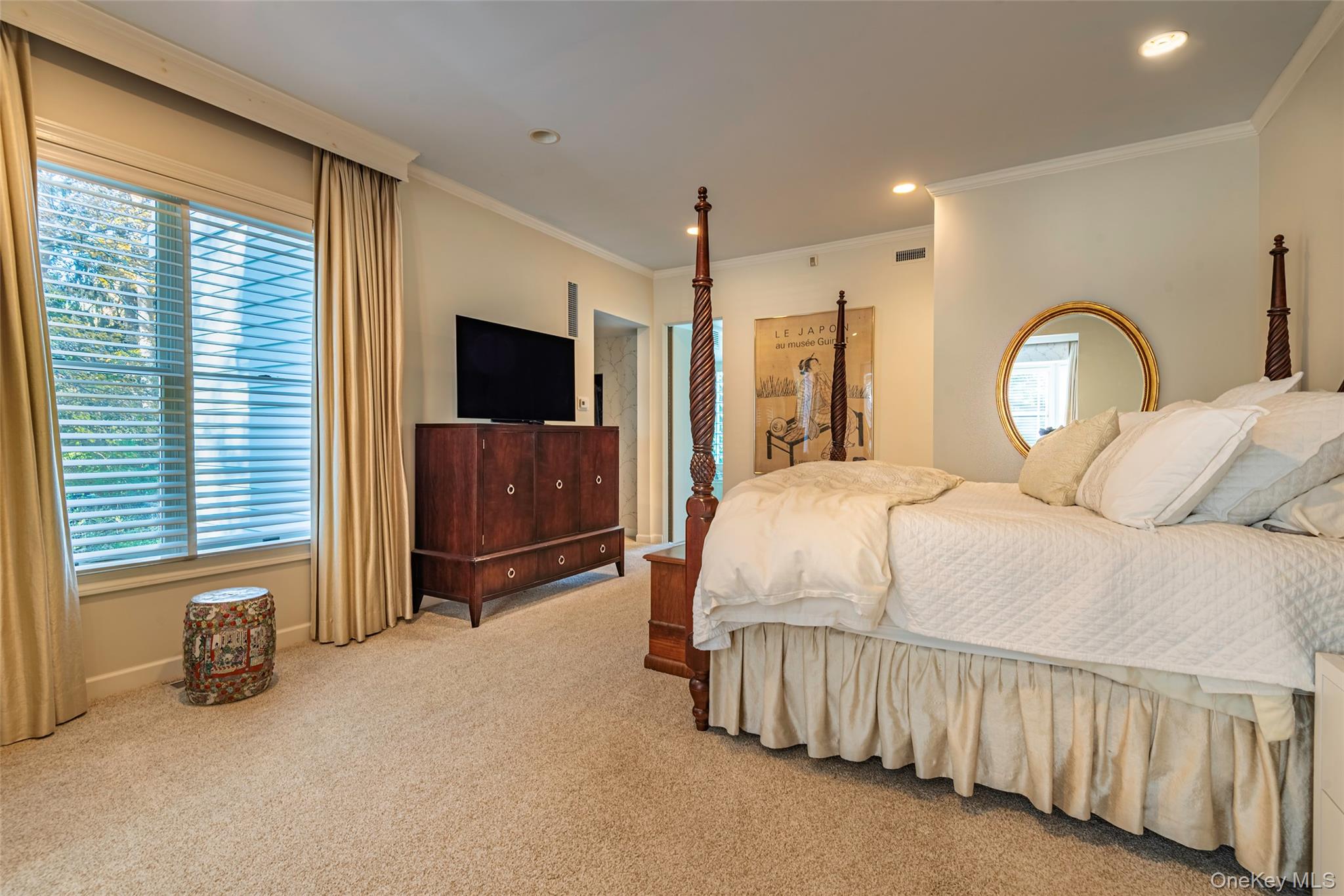 735 Remsens Lane Upper Brookville, NY 11771 - Photo 21 of 44 Bedroom featuring ornamental molding, light carpet, and recessed lighting