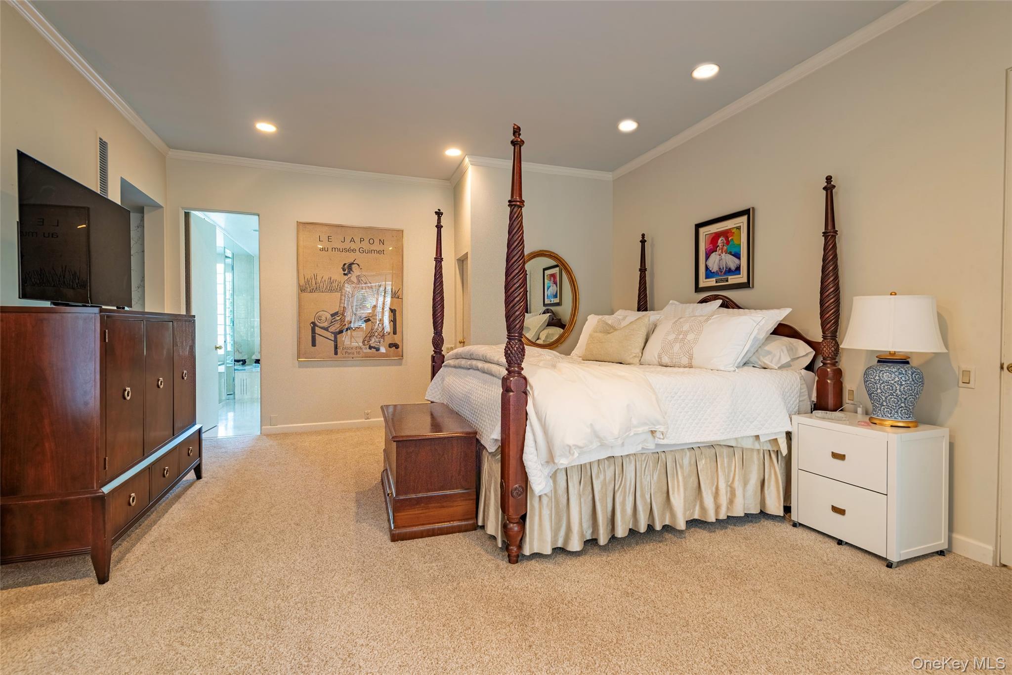 735 Remsens Lane Upper Brookville, NY 11771 - Photo 22 of 44 Bedroom featuring crown molding, light colored carpet, and recessed lighting