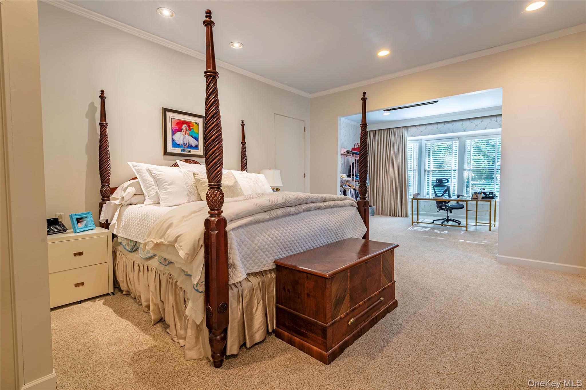 735 Remsens Lane Upper Brookville, NY 11771 - Photo 23 of 44 Bedroom featuring a desk, light colored carpet, crown molding, and recessed lighting