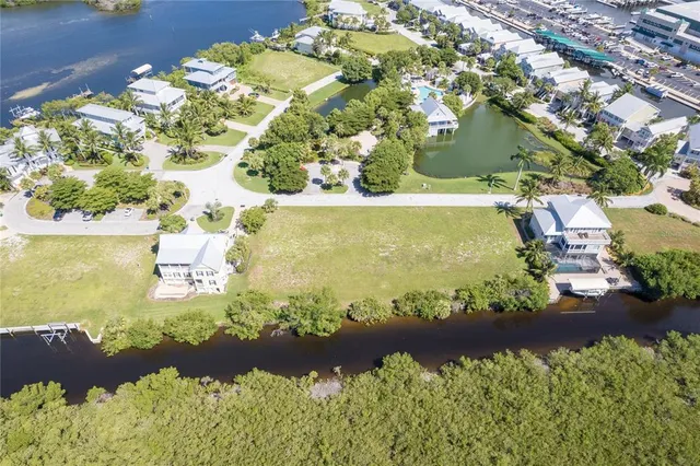 an aerial view of residential houses with outdoor space and lake view