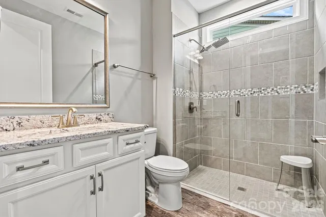 a bathroom with a granite countertop sink a toilet and shower