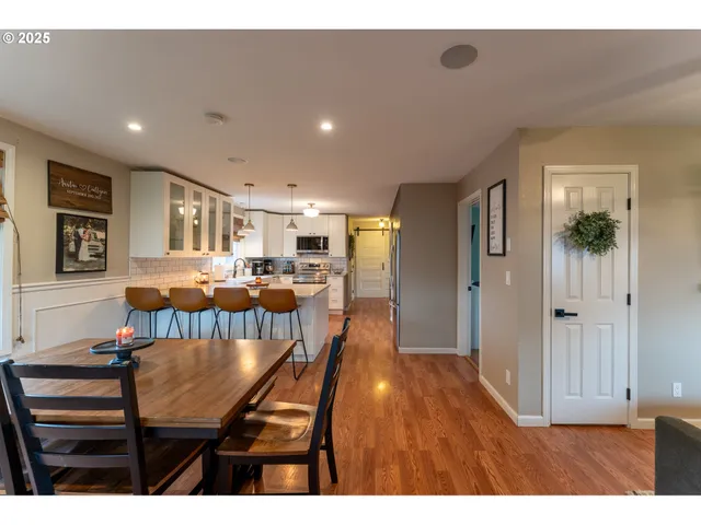 a view of a dining room with furniture
