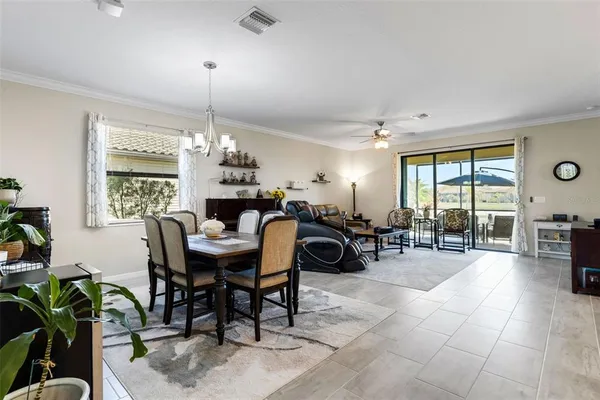 a view of a dining room with furniture window and outside view