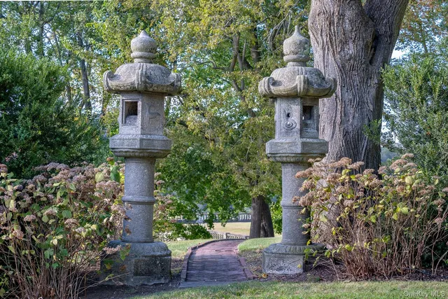 a view of a garden with a large tree in the background