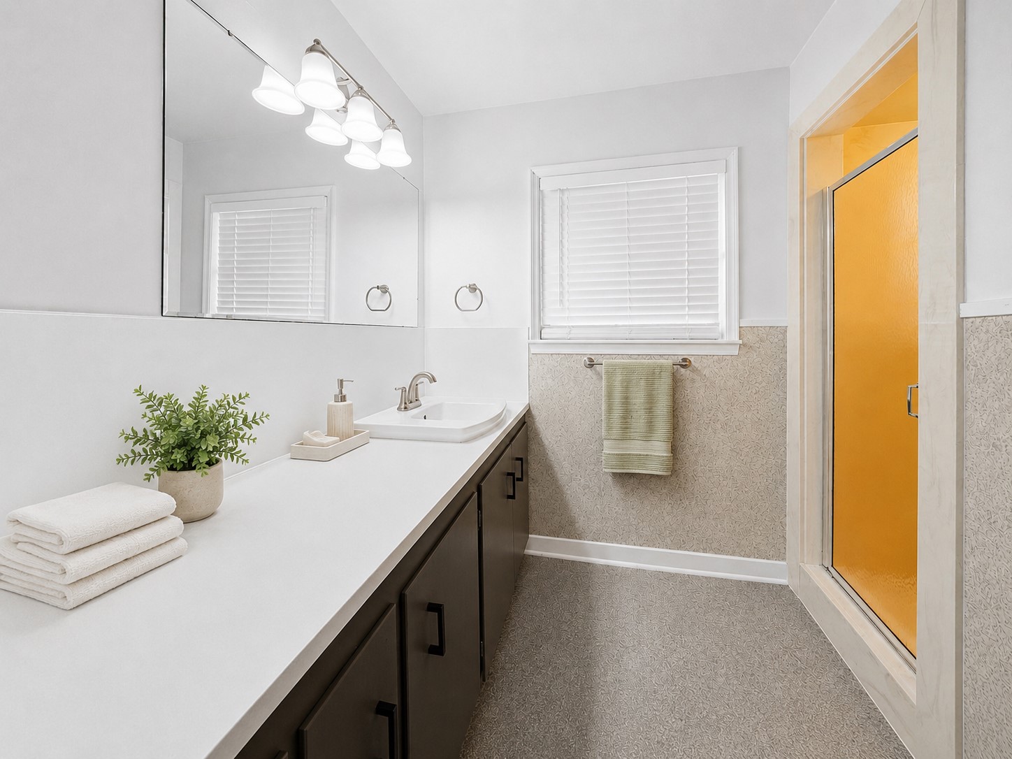 5443 Randon School Road Rosenberg, TX 77471 - Photo 13 of 20 En suite bath featuring an extended vanity, large mirror, updated light fixture, window with blinds, and walk-in shower.