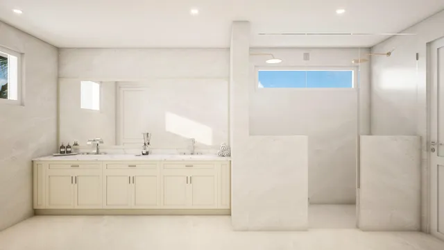 a bathroom with a double vanity sink and a mirror