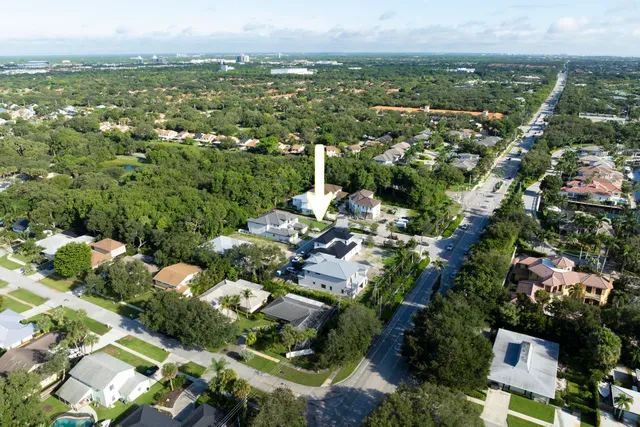an aerial view of residential houses with outdoor space and trees
