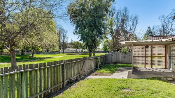 a big yard with lots of green space and trees in the background
