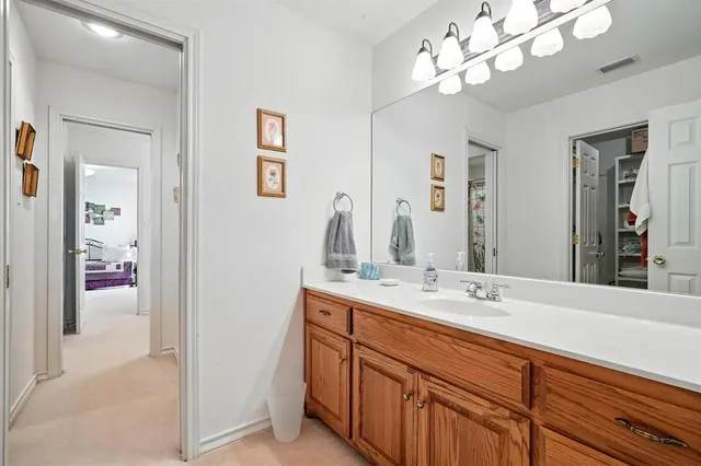 a bathroom with a sink vanity and a mirror