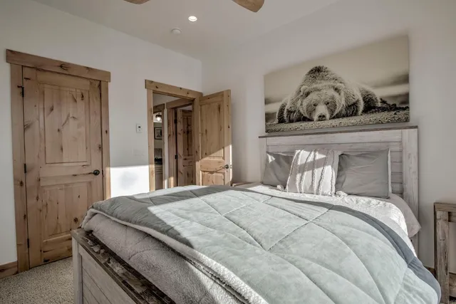 a bedroom with a bed and walk in closet