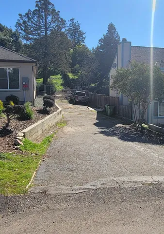a view of a backyard with large trees