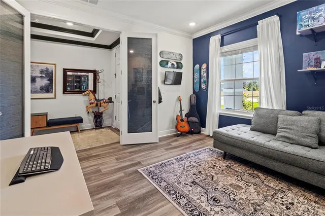 a view of a dining room with furniture window and outside view