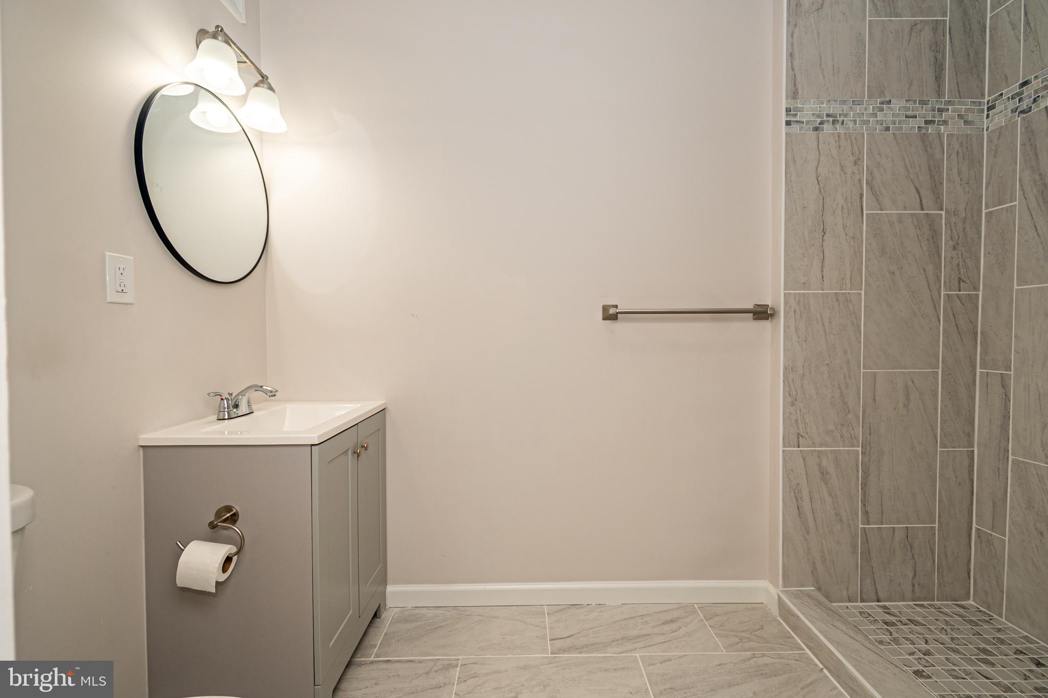 3716 Columbus Drive Baltimore, MD 21215 - Photo 29 of 36 a bathroom with a sink a mirror and a shower